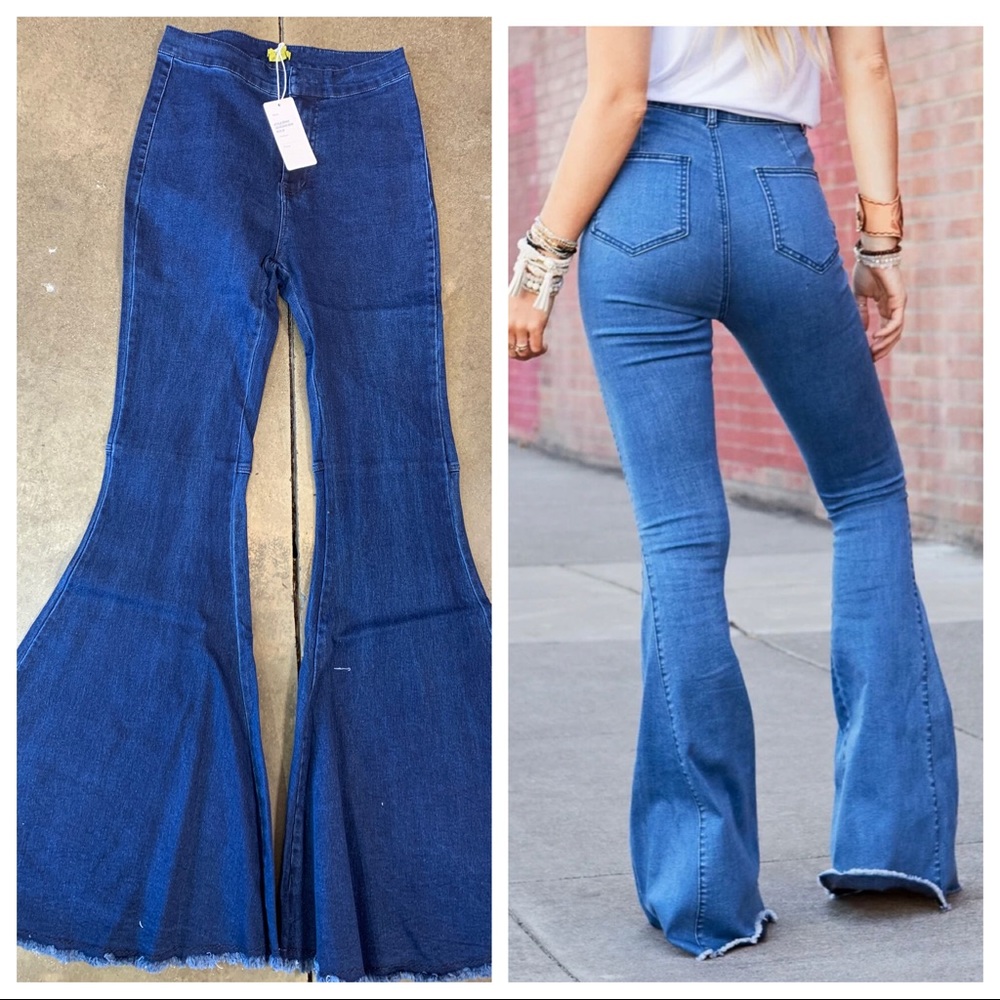 22 Frayed hem wide leg stretch bell flare jeans - Picture 6 of 10